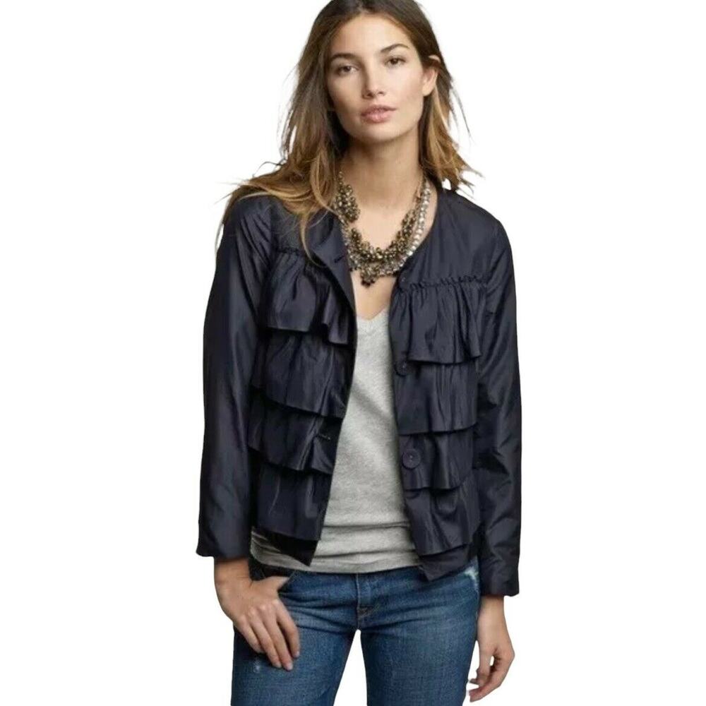 J Crew‎ Navy Blue 100% Silk Cascade Ruffle Jacket Size 0